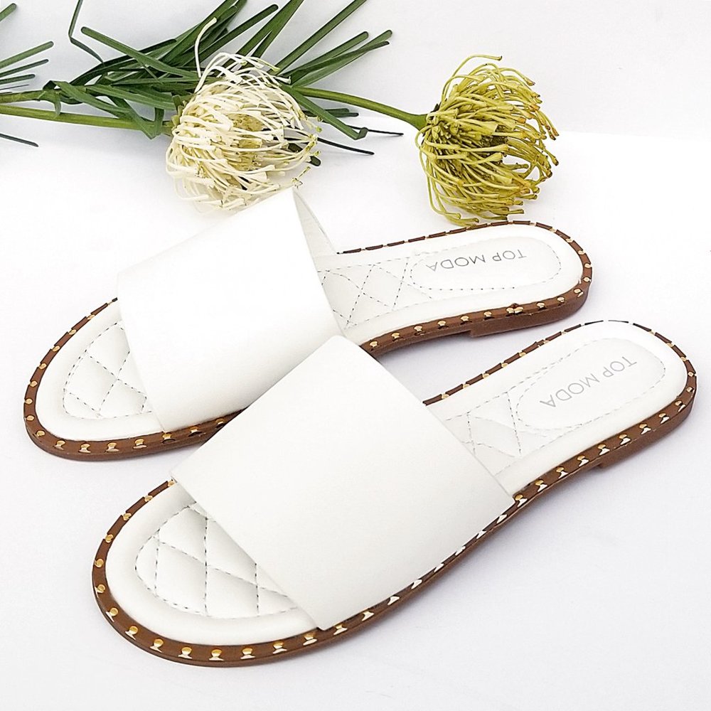 New White Wide Band Open Toe Slides Sandals